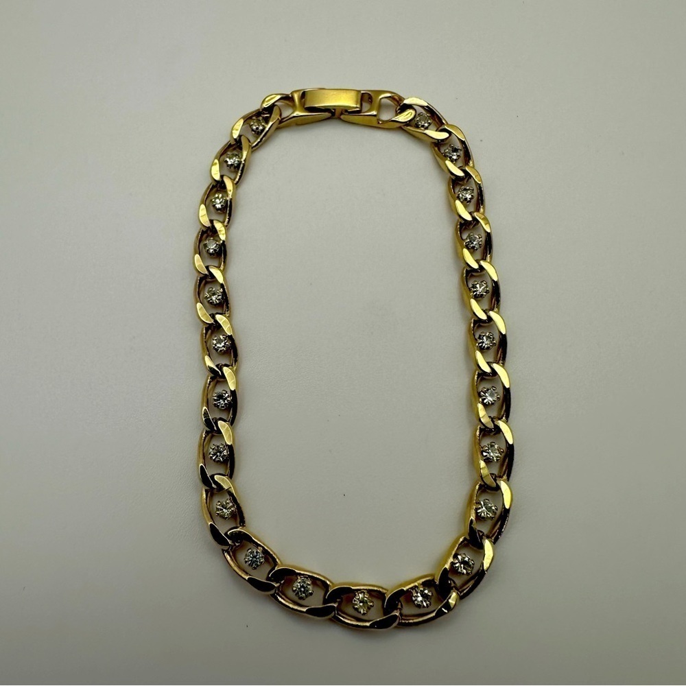 Gold Tone link chain bracelet with rhinestone